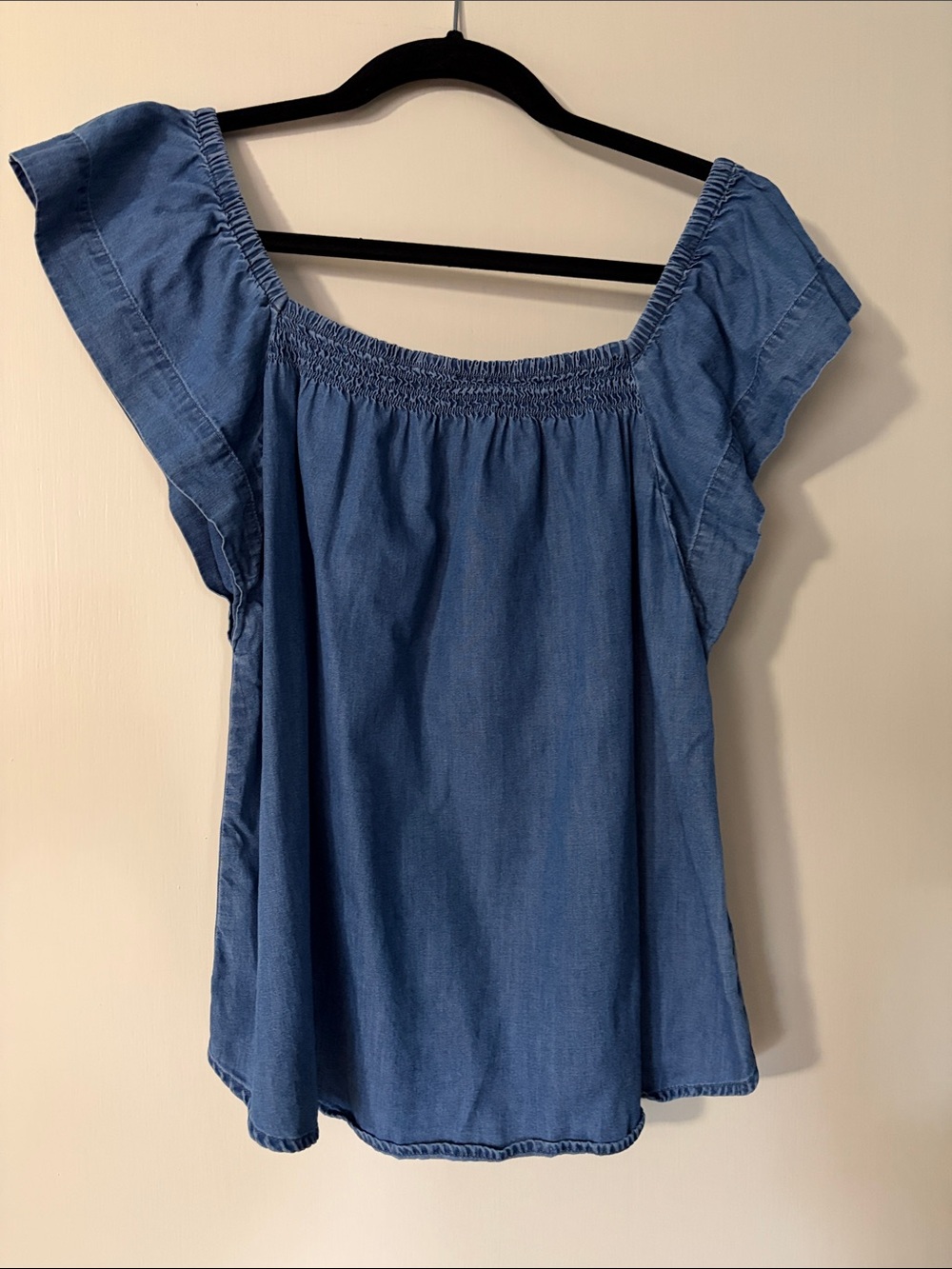 Express Blue ruffle shoulder Chambray shirt